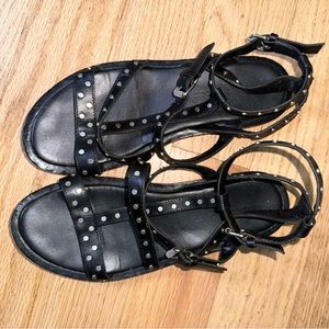 Janet & Janet Italia - studded, double strap sandal in black leather - sz 37 -